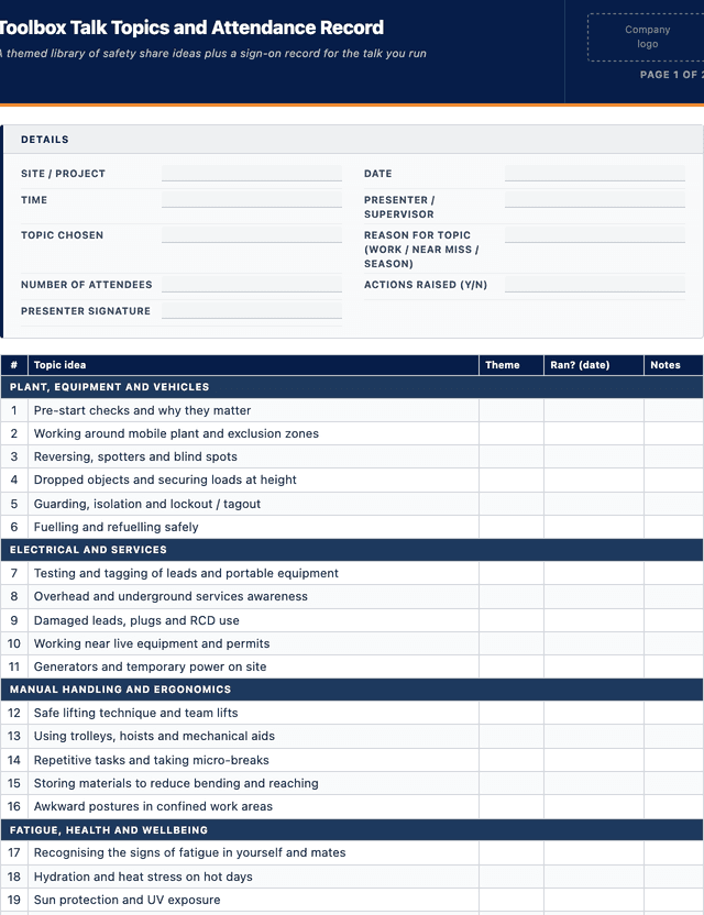 Toolbox Talk Topics (100+ ideas) template preview showing fields and layout