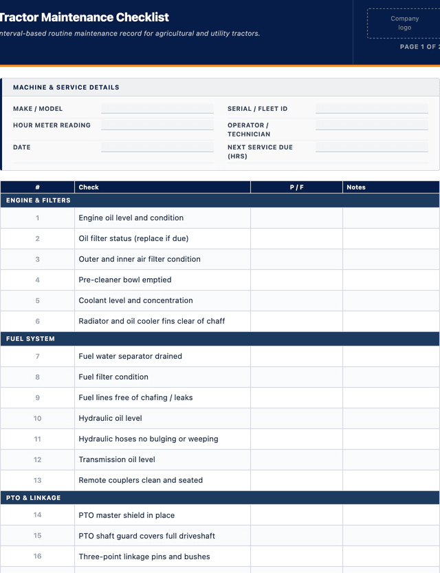 Tractor maintenance checklist template preview showing fields and layout
