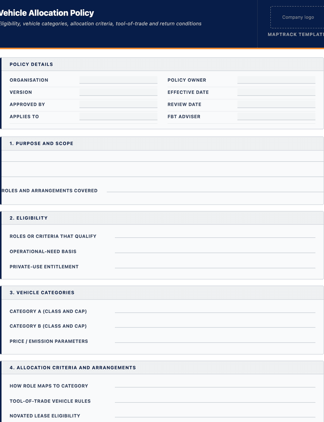 Vehicle allocation policy template template preview showing fields and layout