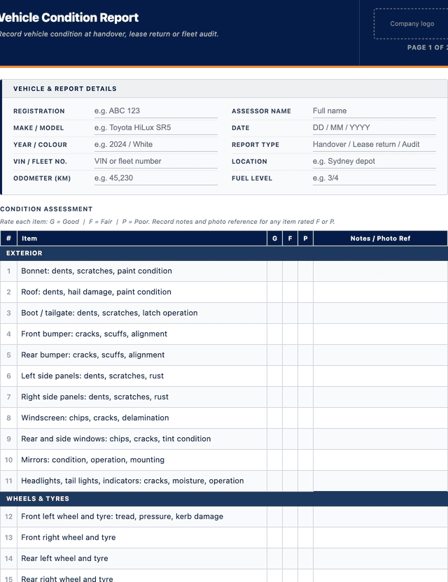 Vehicle Condition Report Template template preview showing fields and layout