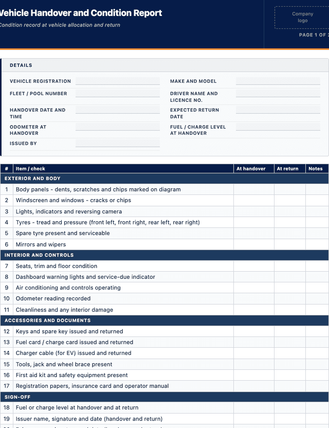 Vehicle Handover and Condition Report template preview showing fields and layout