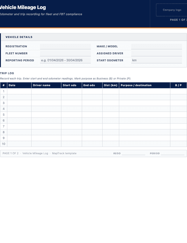 Vehicle mileage log template preview showing fields and layout