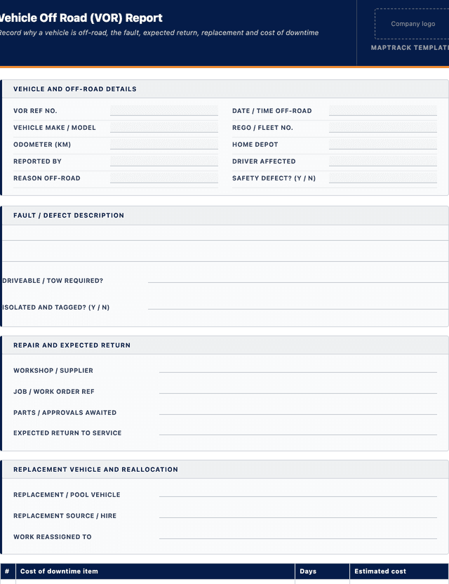 Vehicle off road (VOR) report template template preview showing fields and layout