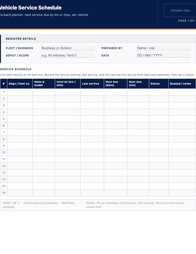 Vehicle service schedule template preview showing fields and layout