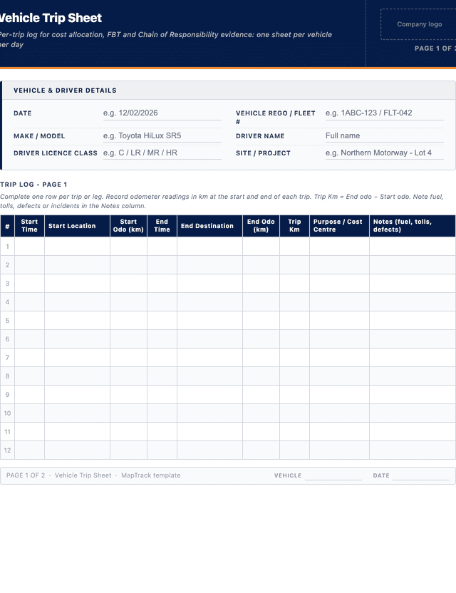 Vehicle trip sheet template template preview showing fields and layout