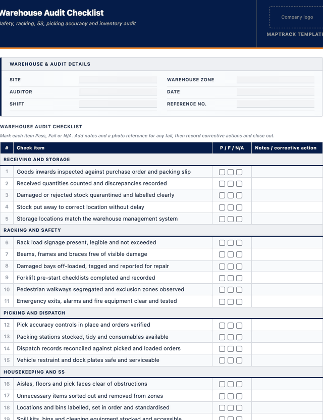 Warehouse audit checklist template preview showing fields and layout