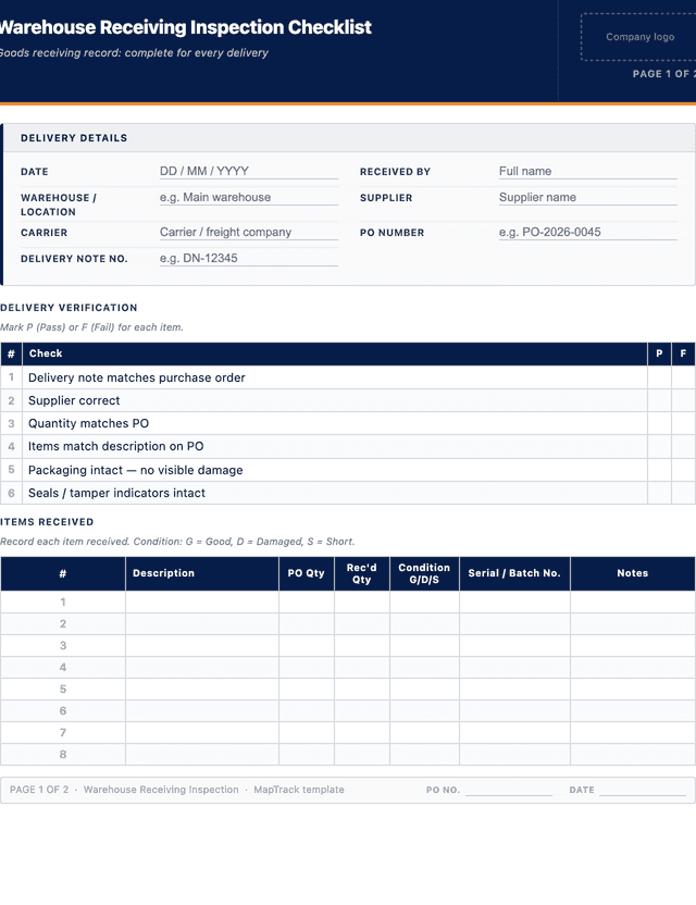 Warehouse receiving inspection checklist template preview showing fields and layout