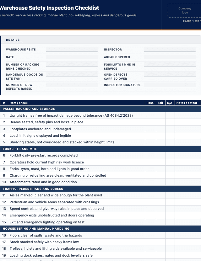 Warehouse Safety Inspection Checklist template preview showing fields and layout