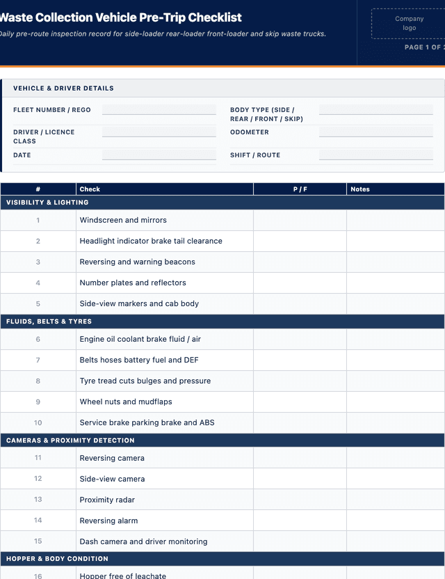 Waste collection vehicle pre-trip checklist template preview showing fields and layout