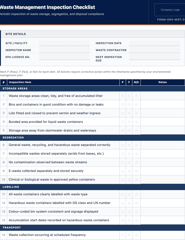 Waste management inspection checklist template preview showing fields and layout