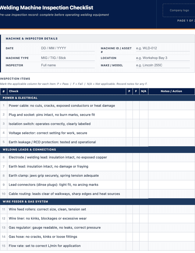 Welding machine inspection checklist template preview showing fields and layout