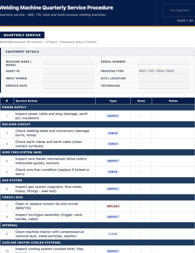 Welding machine quarterly service procedure template preview showing fields and layout