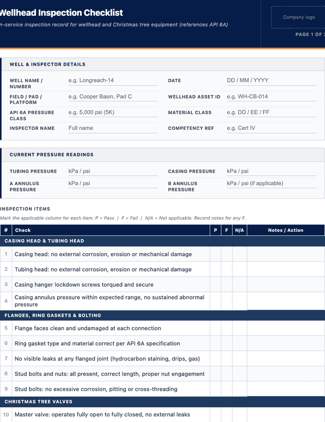 Wellhead inspection checklist template preview showing fields and layout