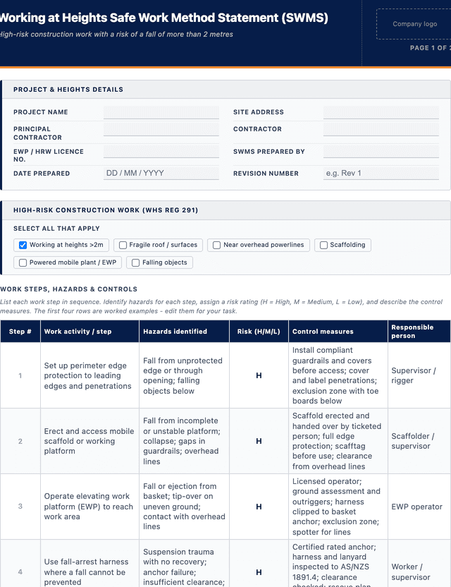 Working at heights SWMS template template preview showing fields and layout