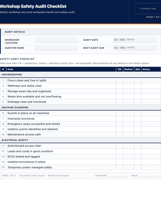 Workshop safety audit checklist template preview showing fields and layout