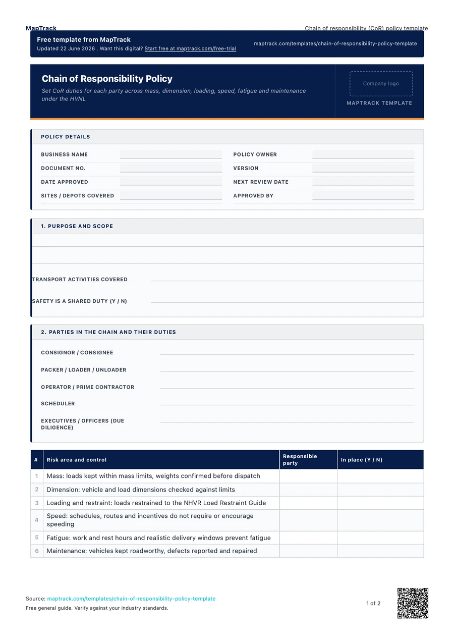 chain of responsibility (cor) policy template, PDF page 1 of 2. Select Read form fields for the text version.
