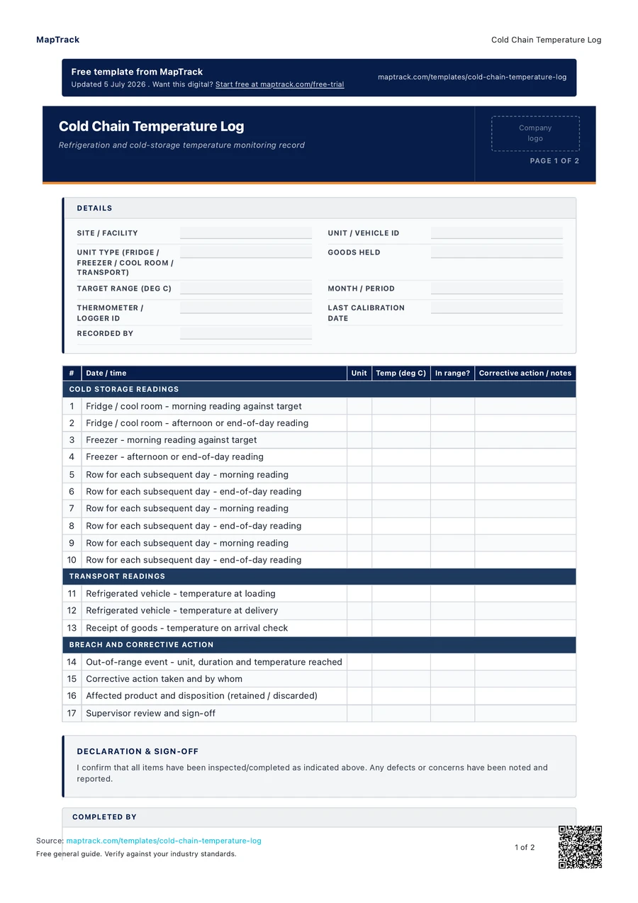 cold chain temperature log, PDF page 1 of 2. Select Read form fields for the text version.
