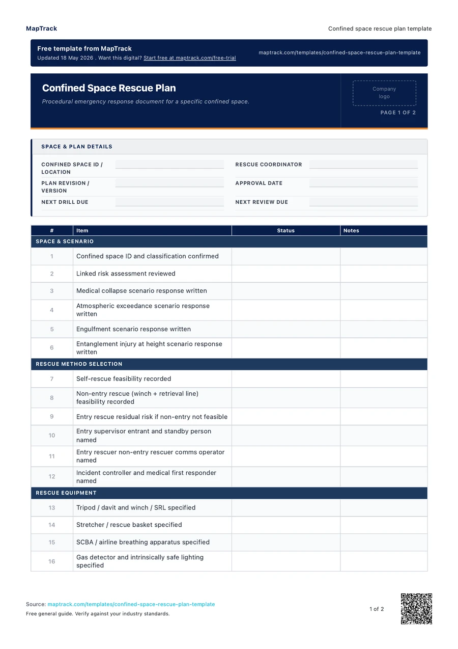 confined space rescue plan template, PDF page 1 of 2. Select Read form fields for the text version.