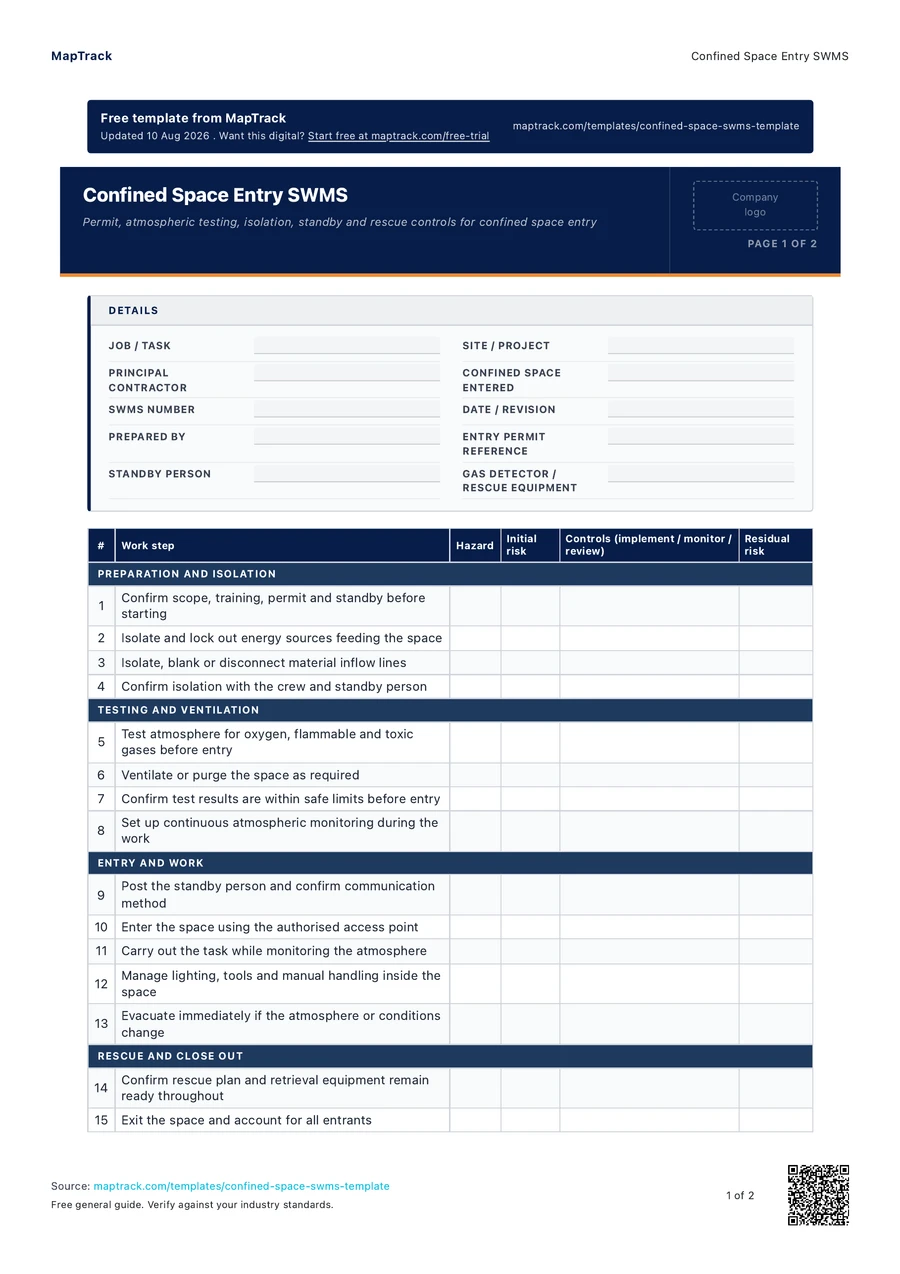confined space entry SWMS, PDF page 1 of 2. Select Read form fields for the text version.