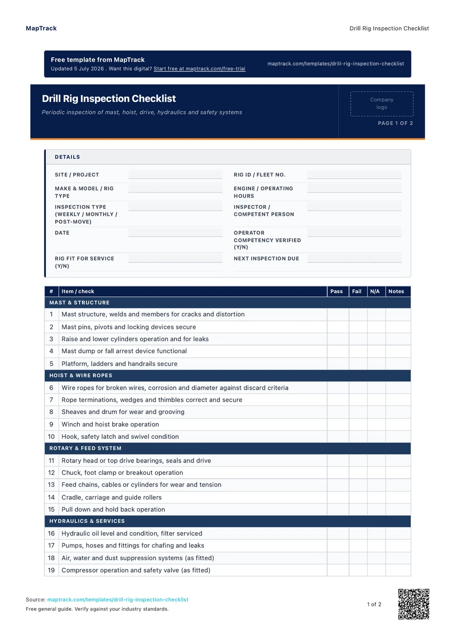 drill rig inspection checklist, PDF page 1 of 2. Select Read form fields for the text version.