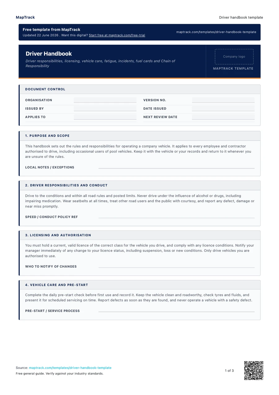 driver handbook template, PDF page 1 of 3. Select Read form fields for the text version.