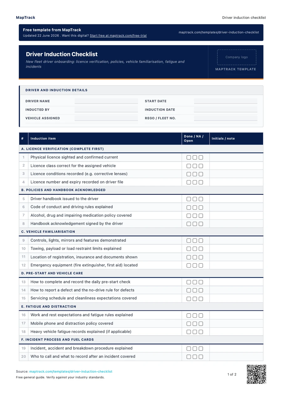 driver induction checklist, PDF page 1 of 2. Select Read form fields for the text version.