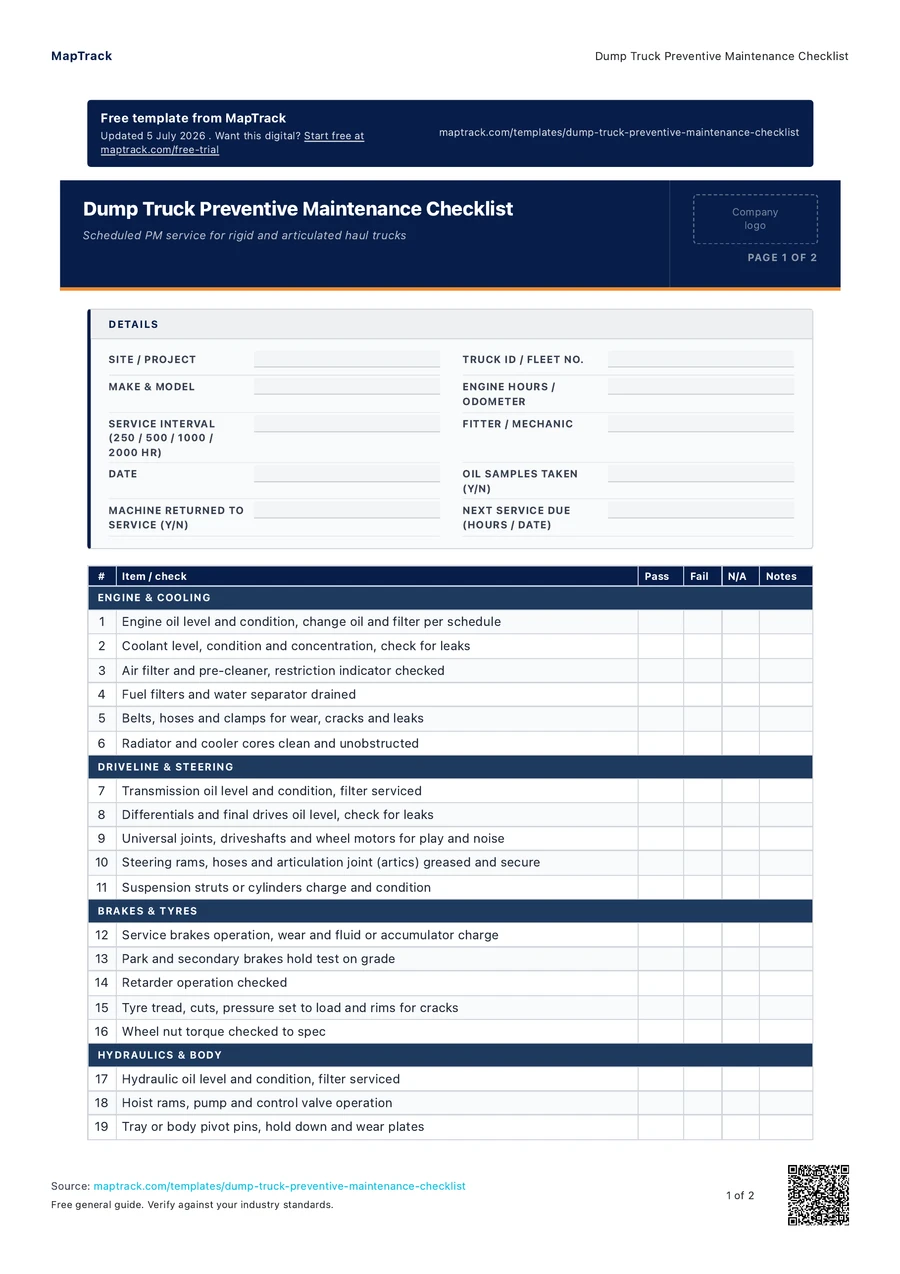 dump truck preventive maintenance checklist, PDF page 1 of 2. Select Read form fields for the text version.