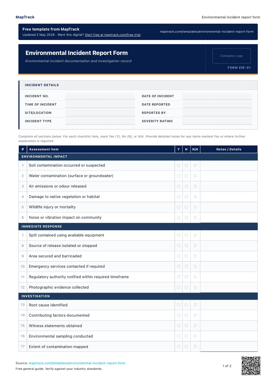 environmental incident report form, PDF page 1 of 2. Select Read form fields for the text version.