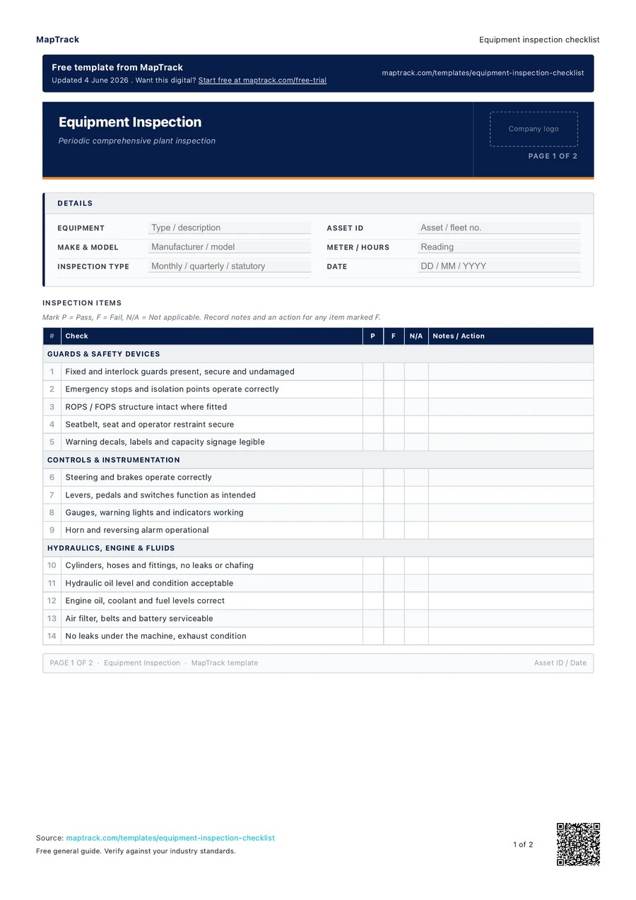 equipment inspection checklist, PDF page 1 of 2. Select Read form fields for the text version.
