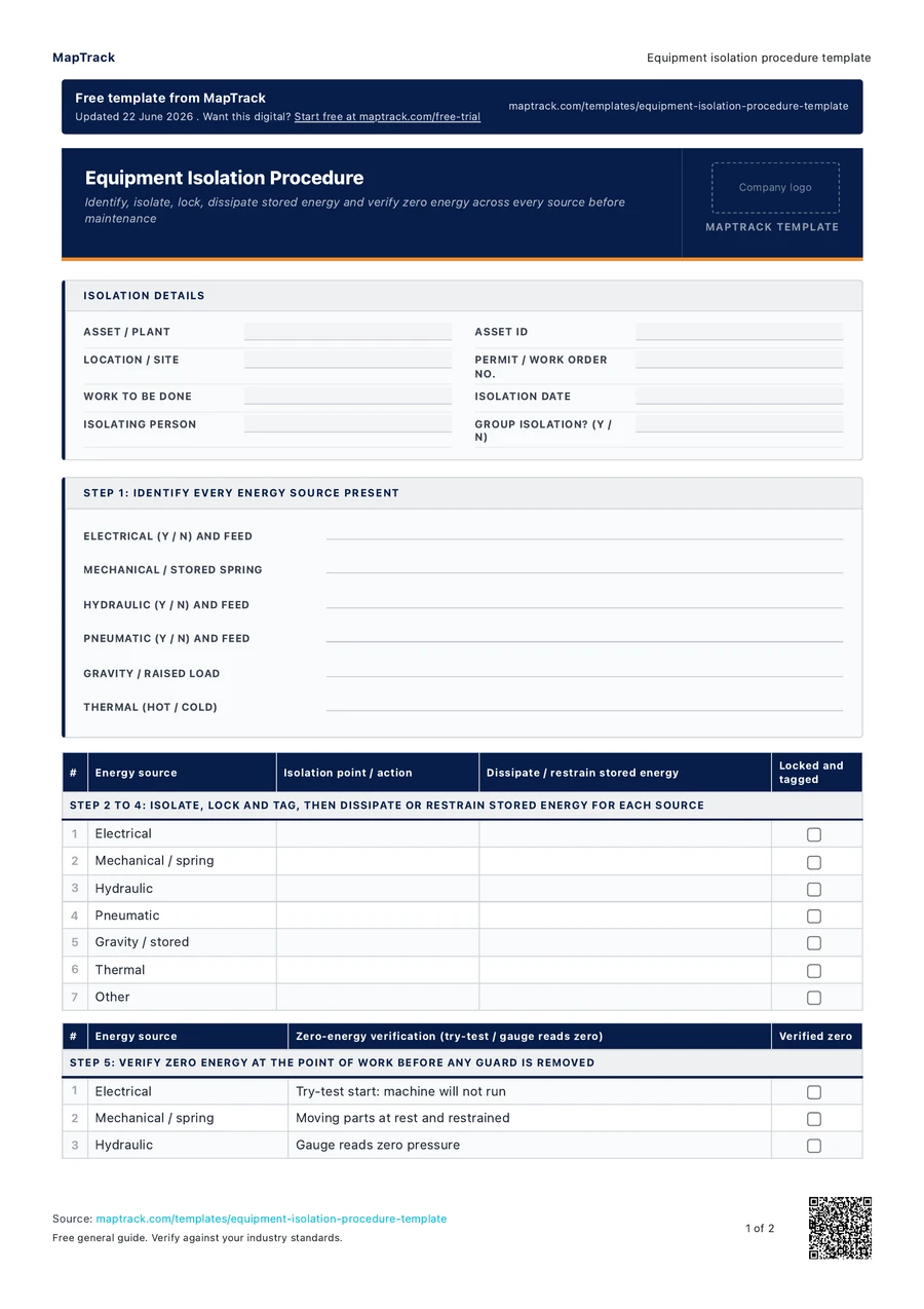 equipment isolation procedure template, PDF page 1 of 2. Select Read form fields for the text version.