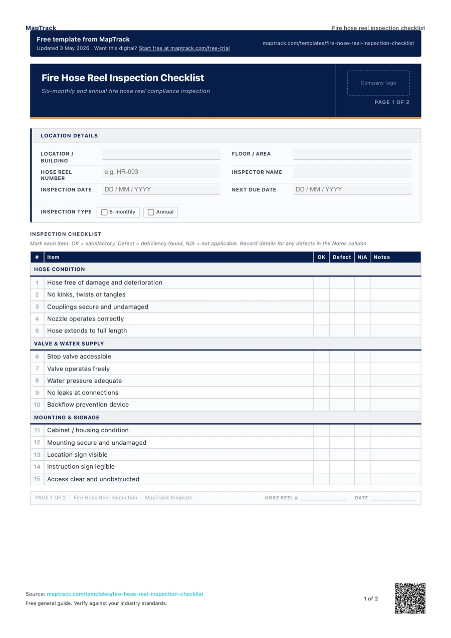 fire hose reel inspection checklist, PDF page 1 of 2. Select Read form fields for the text version.