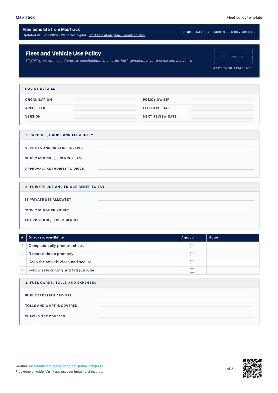 fleet policy template, PDF page 1 of 2. Select Read form fields for the text version.