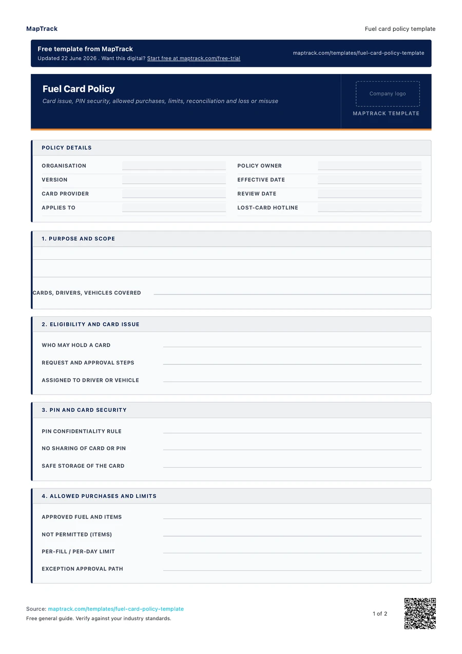 fuel card policy template, PDF page 1 of 2. Select Read form fields for the text version.