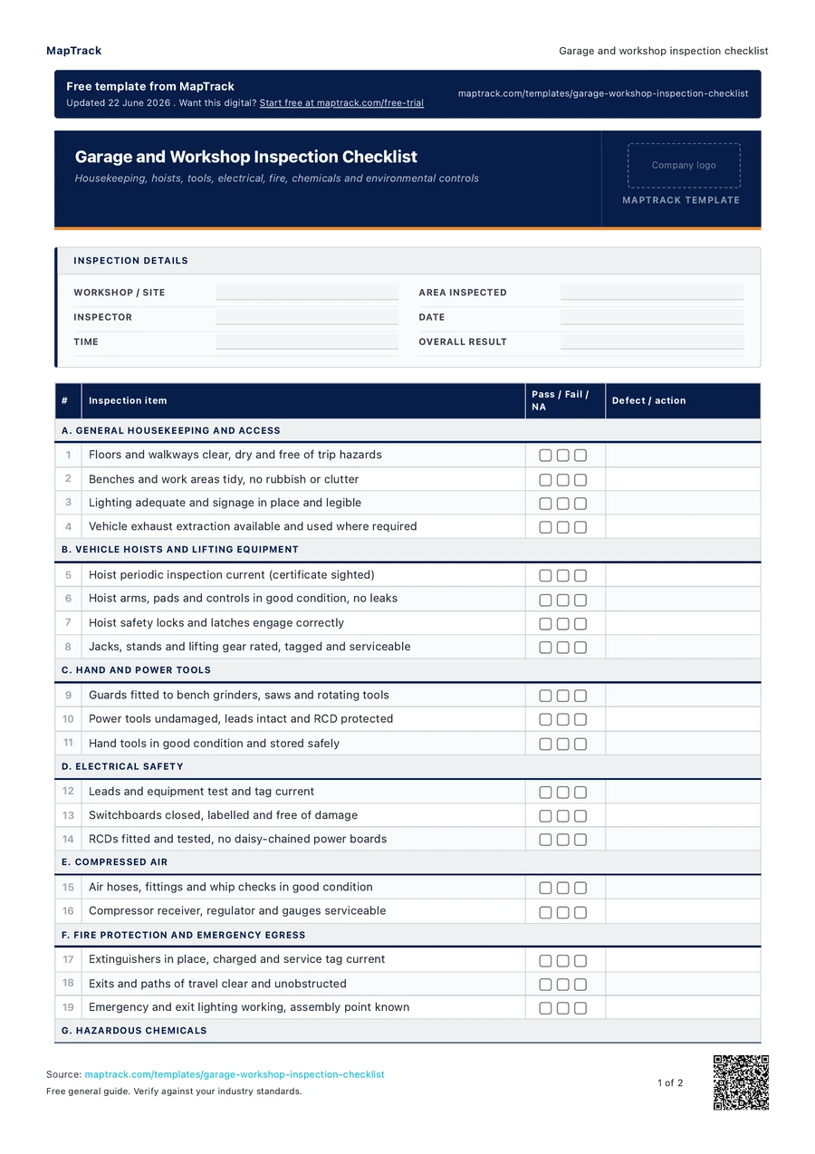 garage and workshop inspection checklist, PDF page 1 of 2. Select Read form fields for the text version.
