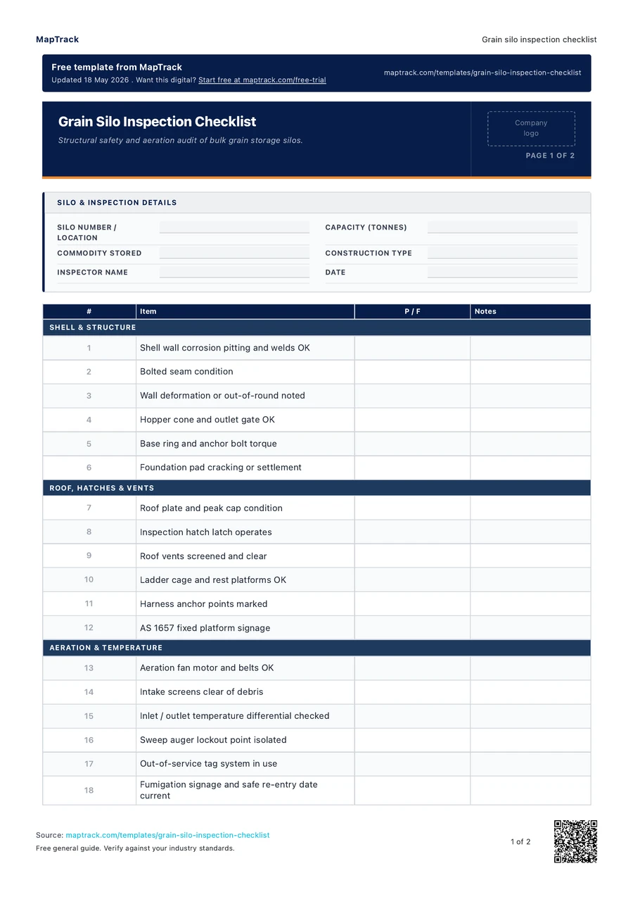 grain silo inspection checklist, PDF page 1 of 2. Select Read form fields for the text version.