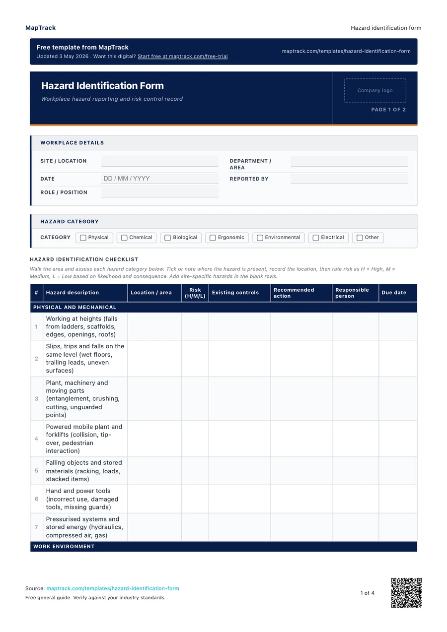 hazard identification form, PDF page 1 of 4. Select Read form fields for the text version.