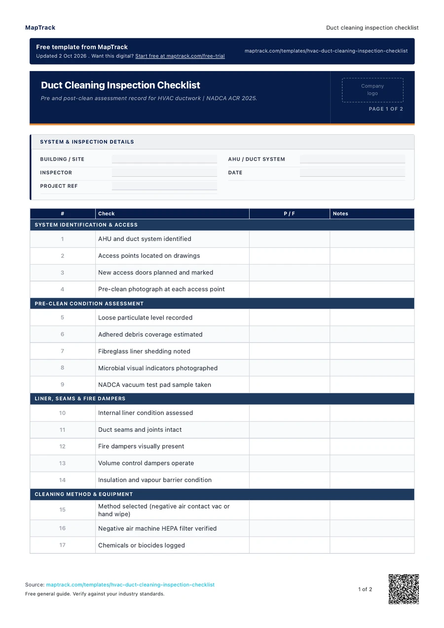 duct cleaning inspection checklist, PDF page 1 of 2. Select Read form fields for the text version.