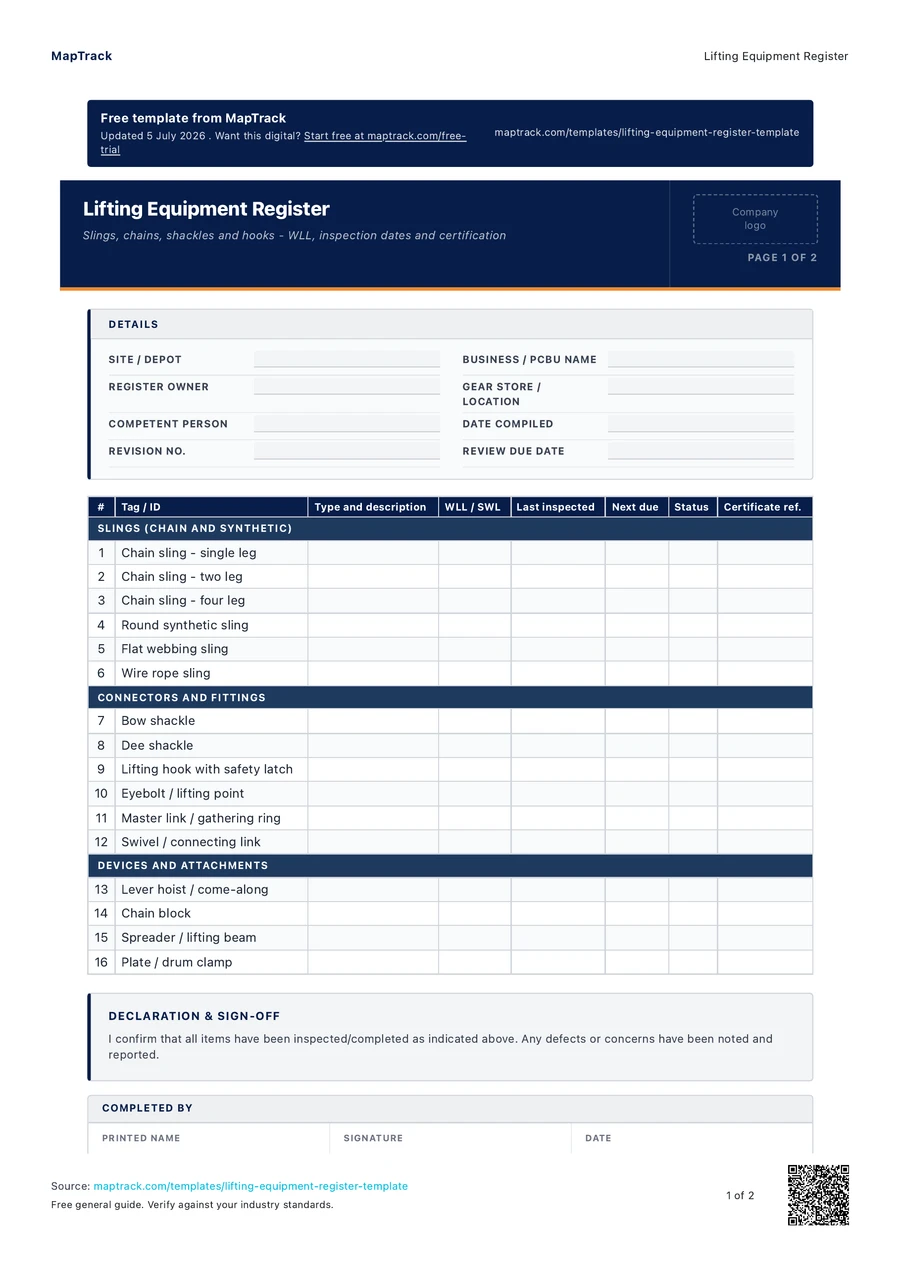 lifting equipment register, PDF page 1 of 2. Select Read form fields for the text version.