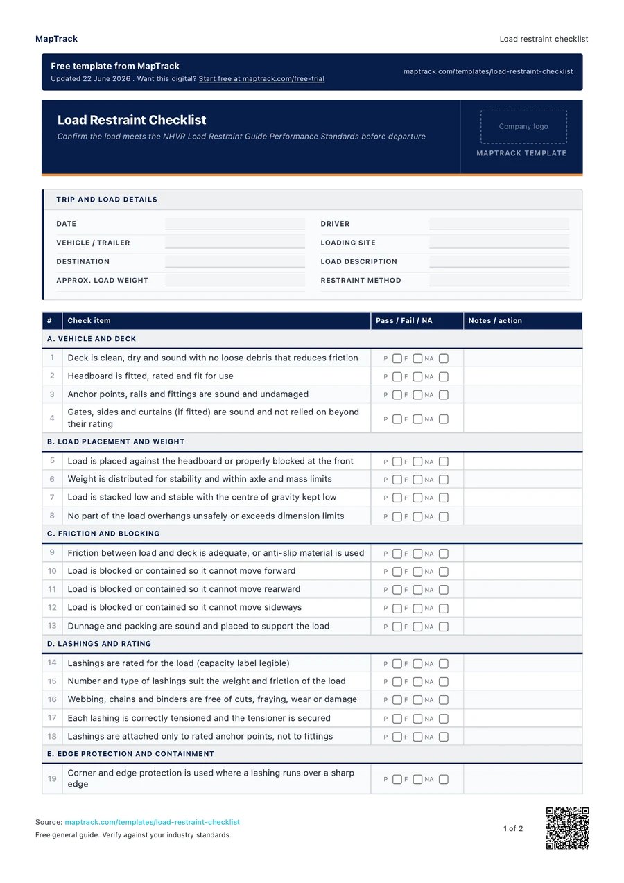 load restraint checklist, PDF page 1 of 2. Select Read form fields for the text version.