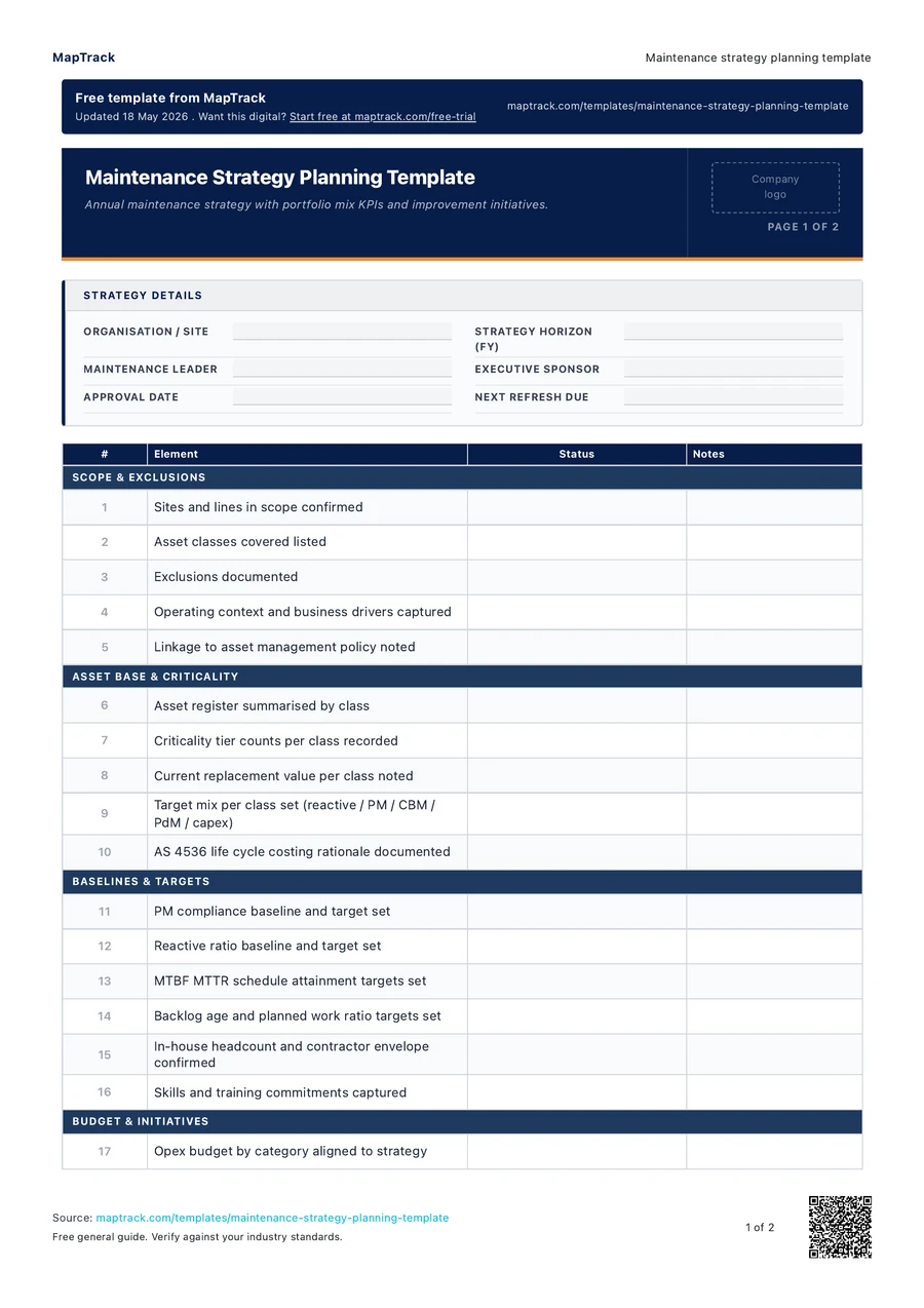 maintenance strategy planning template, PDF page 1 of 2. Select Read form fields for the text version.