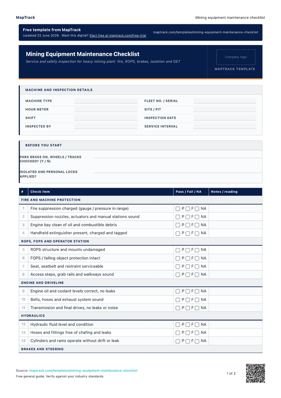 mining equipment maintenance checklist, PDF page 1 of 2. Select Read form fields for the text version.