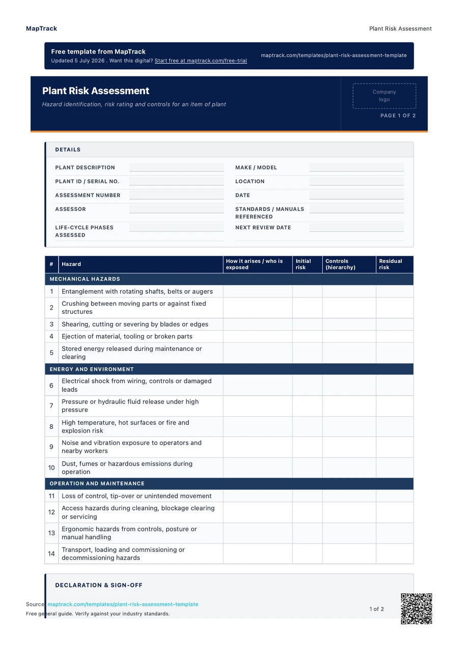plant risk assessment, PDF page 1 of 2. Select Read form fields for the text version.