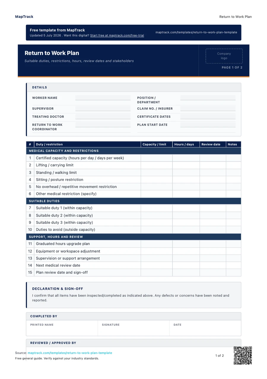 return to work plan, PDF page 1 of 2. Select Read form fields for the text version.