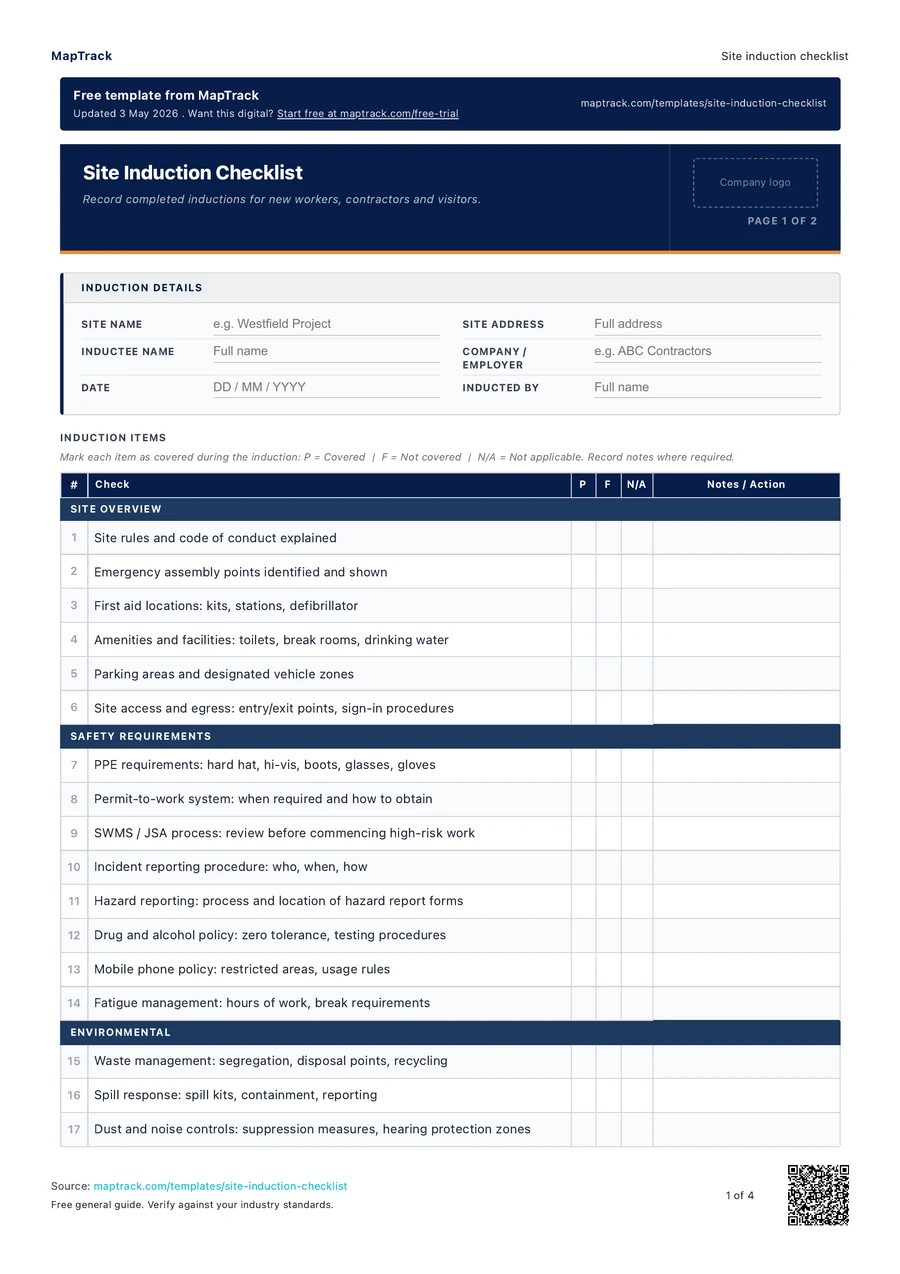 site induction checklist, PDF page 1 of 4. Select Read form fields for the text version.