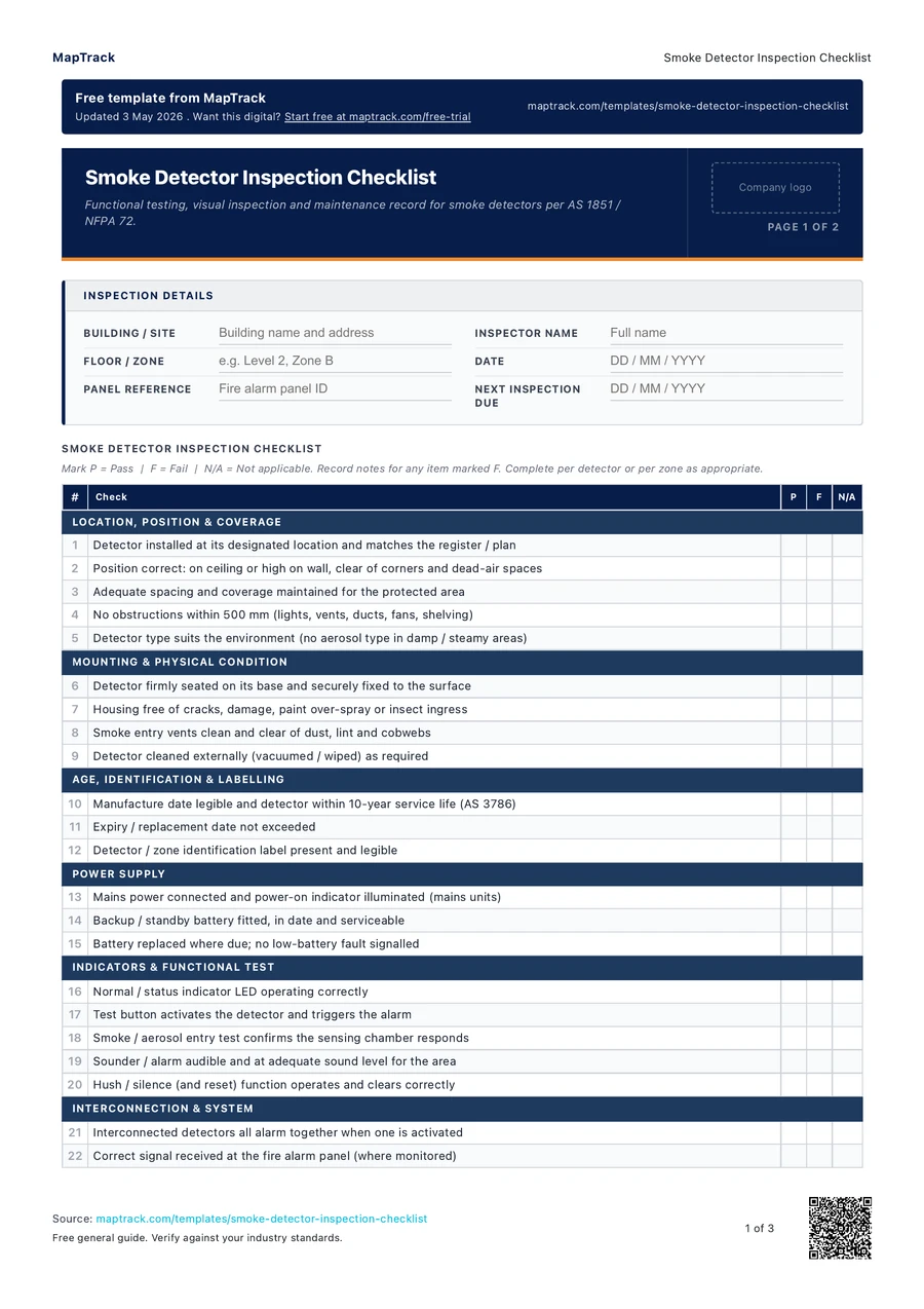 smoke detector inspection checklist, PDF page 1 of 3. Select Read form fields for the text version.