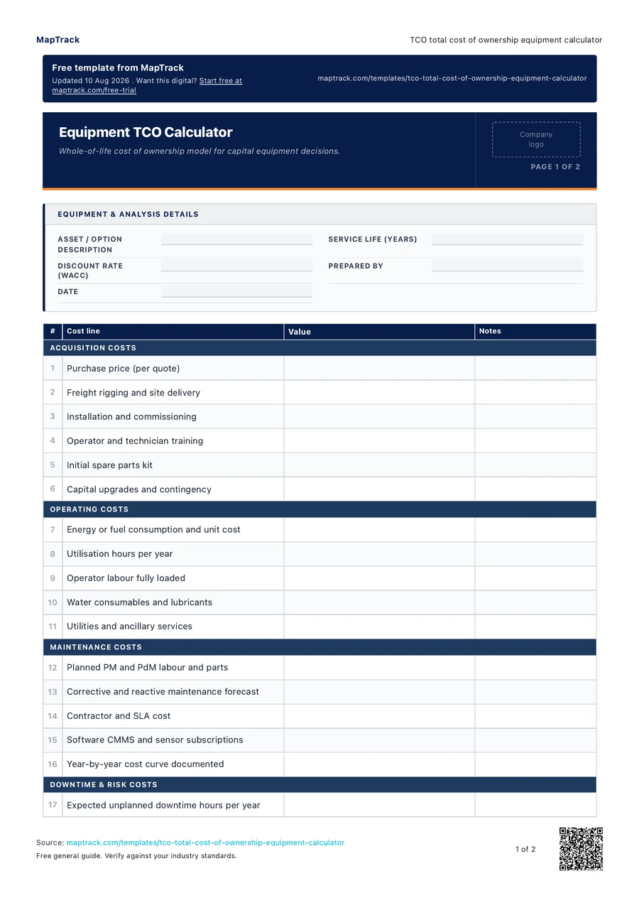 TCO total cost of ownership equipment calculator, PDF page 1 of 2. Select Read form fields for the text version.
