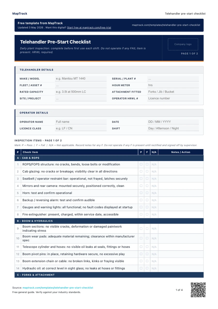 telehandler pre-start checklist, PDF page 1 of 4. Select Read form fields for the text version.