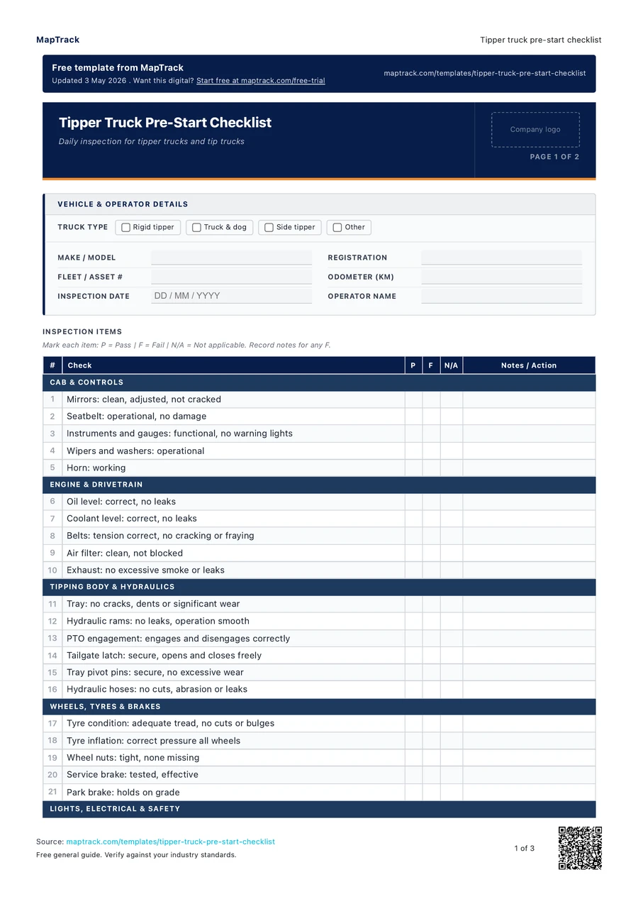 tipper truck pre-start checklist, PDF page 1 of 3. Select Read form fields for the text version.