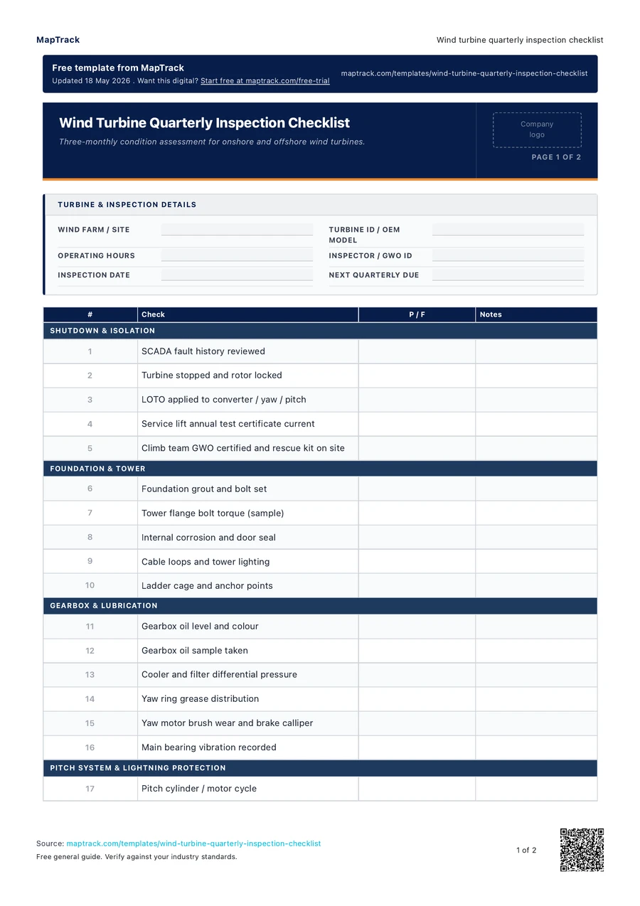 wind turbine quarterly inspection checklist, PDF page 1 of 2. Select Read form fields for the text version.