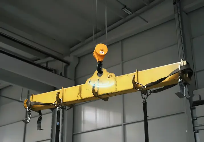 Illustrative site: a yellow lifting beam on a 5 tonne hook block in a workshop, slings and hooks hanging from it, with a MapTrack Lifting Gear Inspection schedule laid beside it at 100% compliance.